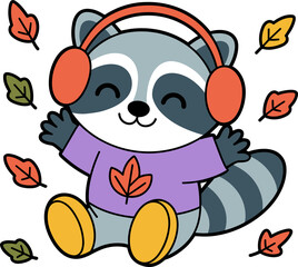 Adorable raccoon enjoying autumn vibes with headphones and falling leaves, perfect for seasonal promotions and cheerful designs, brings joy and warmth