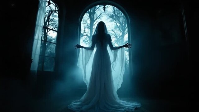 Ethereal Bride - A Haunting Silhouette in a Gothic Window.