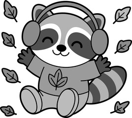 Adorable raccoon in headphones surrounded by autumn leaves is perfect for kids' content, fall crafts, or cute designs for apparel and invitations