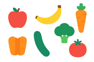 Colorful icons of fresh fruits and vegetables assortment