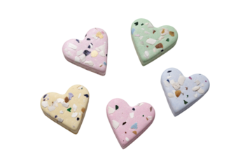 Five colorful heart-shaped terrazzo decorations displayed. Isolated on transparent background, png