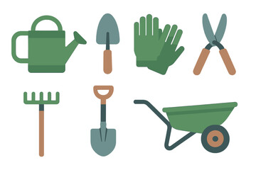 Essential green gardening tools and equipment icons set