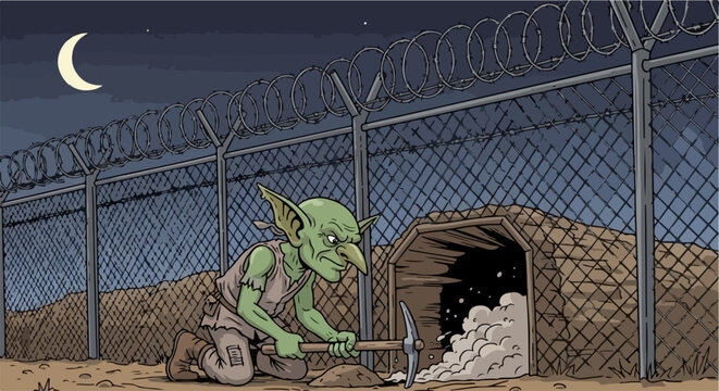 Goblin orchestrates prison escape under fence at night with pickaxe, digging tunnel to freedom. Fantasy creature works tirelessly on prison escape plan, pushing dirt outside.
