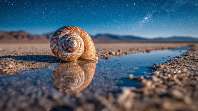 Detailed spiral shell illuminated with stars and reflected in water