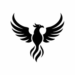 Obraz premium Black phoenix silhouette with outstretched wings logo design on white background