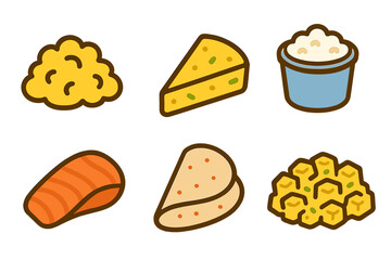 Six colorful icons depicting Mexican food ingredients and prepared dishes