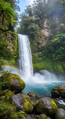 Majestic Waterfall Cascading into Turquoise Pool Amidst Lush Greenery.