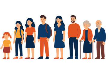 Obraz premium Progression of human life stages shown by diverse people standing in a line