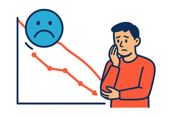 Worried man observing declining business performance chart with sad face icon