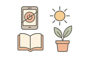 Icons for digital detox and healthy living with sun and book symbols