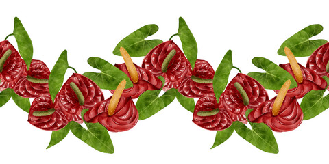 Watercolor seamless border with red anthurium flowers and green leaves on a white background. Perfect for tropical design, packaging, invitations, textile prints, and botanical decorative projects.