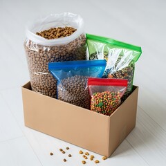 Assorted pet food in bags and bulk inside a cardboard box.