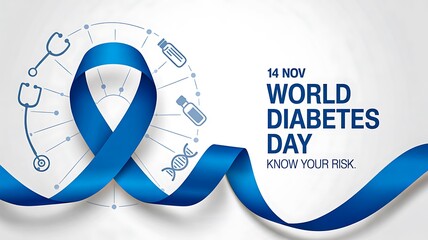 World Diabetes Day awareness concept with blue ribbon, healthcare icons, and prevention message design for 14 November campaign
