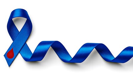 Blue awareness ribbon with red drop symbol on white background, diabetes awareness and health support concept
