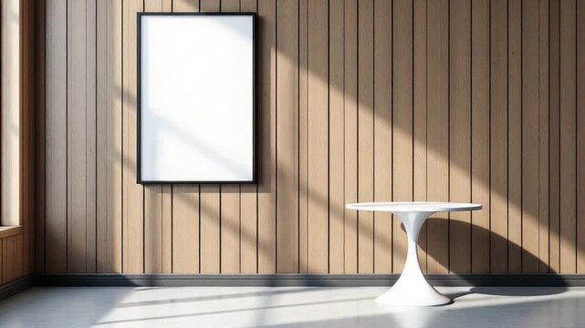 Minimalist Interior with Blank Frame and Tulip Table in Sunlight.
