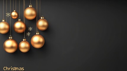 Glistening golden Christmas ornaments and intricate snowflakes hang against a black background, creating a festive atmosphere perfect for holiday promotions and designs