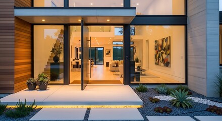 Modern Home Entrance with Pivot Door and Landscaping.