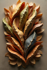 A close-up of multicolor leather leaves arranged in an abstract bouquet on a neutral background.