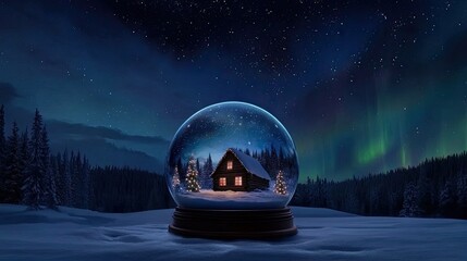 A cozy house nestled among snow-covered pine trees provides a warm contrast to the dark forest background, creating a peaceful winter atmosphere ideal for holiday settings