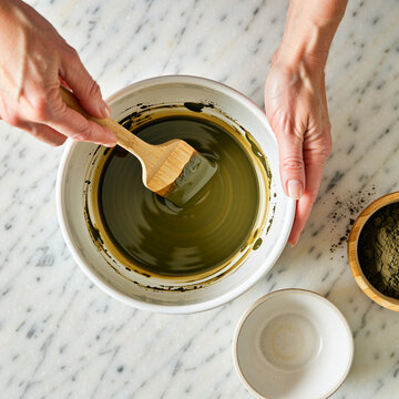 Hands mixing green powder and water to create a paste in a white ceramic bowl