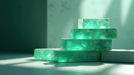 A close-up of stacked translucent green glass blocks on a white surface. Modern glass block sculpture close up.
