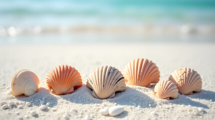 A row of seashells on white sand with the sea in the background. Seashells close up.