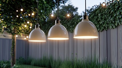Three elegant pendant lights hang from the ceiling, surrounded by lush greenery, creating a serene atmosphere that enhances the modern indoor decor