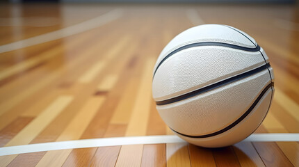 A basketball rests on a polished wooden gym floor.