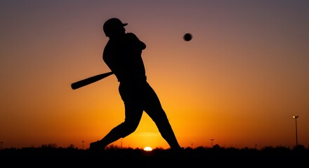 Baseball player swinging bat sunset silhouette