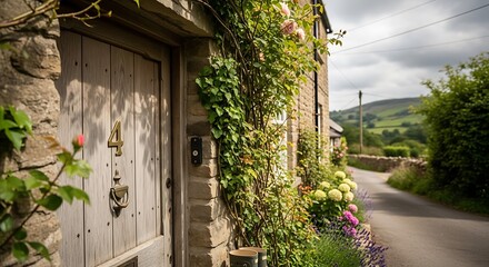 Charming Cottage Doorway with Lush Greenery in the Countryside.