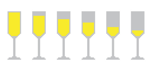 Set of pixelated champagne glasses. Vector illustration.