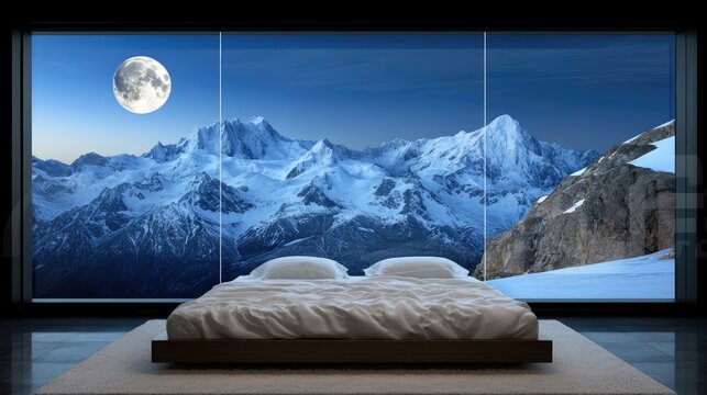 Fototapeta A warm and inviting bedroom features a stunning view of snow-covered mountains and a large moon, enhanced by soft lighting and festive decorations, creating a dreamy atmosphere