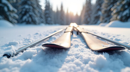A pair of skis lie in the snow with a sunlit forest in the background.