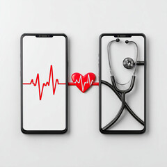 Doctor's stethoscope on a white background checking a red heart symbolizing healthcare and cardiology