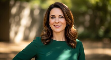Confident Woman Smiling Outdoors in Green Top.
