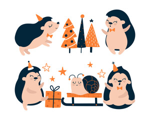 Festive set with funny hedgehogs and Christmas items.