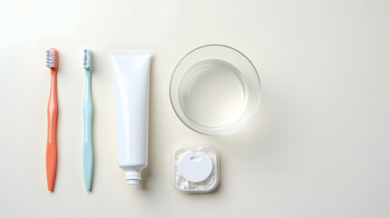 A dental care set laid out on a clean surface with toothbrush, toothpaste, floss, rinse, and a glass of water. Personal care close up.