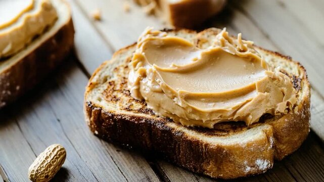A slice of bread with peanut butter spread on top