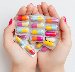 Hand holding pills or a capsule represents medicine, treatment, and healthcare
