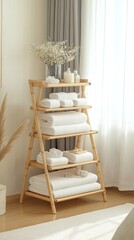A bamboo rack holds neatly hung towels, illuminated by natural light streaming through a window. Folded towels beneath enhance the serene and minimalist atmosphere filled with green plants