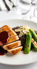 Elegant Plate - Sliced Chicken, Lentils, and Grilled Zucchini Delight.