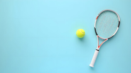 A tennis racket and ball lie on a blue background. Sports gear close up.