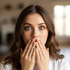 Surprised woman covering her mouth with hands in disbelief and shock.
