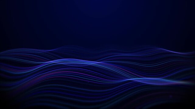 Multicolored lines form a wave-like space against a deep blue background. Neon glowing pink, blue, and purple data flow waves. Looping scientific background of particles and waves. Blue