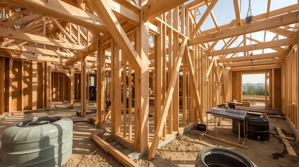 An open-concept home under construction with wooden framing, showcasing the architectural skeleton and design