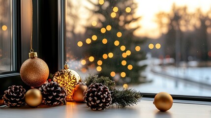 A beautifully arranged window box features vibrant poinsettias, golden ornaments, and pine cones, radiating the warmth of the holiday season with soft glowing lights