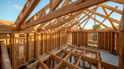 Fototapeta premium A detailed view of the exposed wooden framework of a building during construction. The intricate wooden structure is illuminated by natural light.