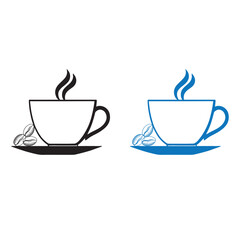 Obraz premium Coffee Bean cup Vector art of two stylized cups of hot coffee with steam and coffee beans, one black and white, one blue and white