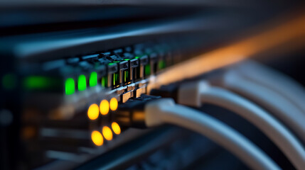 Network Connectivity: Close-up view of cables plugged into a network switch with illuminated lights indicating data flow and active network connections.
