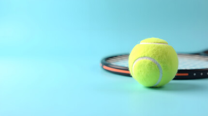 A tennis ball rests near a tennis racket on a blue background. Sports gear close up.